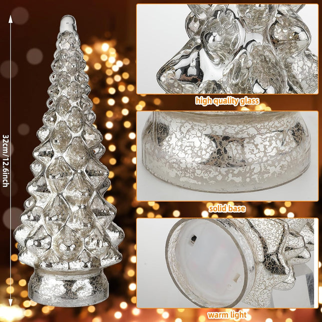 2 Pcs 12.6 Inch Lighted Glass Christmas Tree Figurine Battery Operated Glass Christmas Tree Silver Glass Lighted Christmas Tree Glass Tabletop Xmas Tree Decoration for Fireplace Mantel