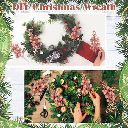 80 Pcs Christmas Glitter Berries Stems 8.5 Inch Artificial Christmas Berry Branches Sprays Faux Berry Sprig Picks Winter Floral Picks for DIY Xmas Tree Ornaments Christmas Wreath Decor(Rose Gold)