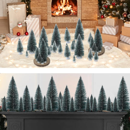 Crowye 80 Pcs Christmas Village Trees Mini Dollhouse Christmas Tree Pine Cedar Trees with White Plastic Base Miniature Christmas Village Accessories for Winter Party Decor, 6 Sizes(Dark Green)