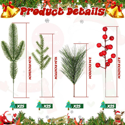 100 Pieces Artificial Pine Needles Branches and Artificial Red Berry Stems Fake Greenery Pine Picks Christmas Red Berry Picks Holly Berries Branches Christmas Fake Tree Branches for DIY Garland Wreath