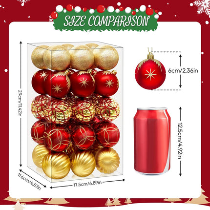 DeckTheHalls Christmas Ornaments, 30 Pcs 2.5 Inch Christmas Decoration Balls for Xmas Tree Hanging, Shatterproof Christmas Ball Ornaments for Festival Home Party Decors, (Red & Gold)