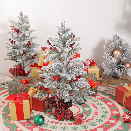 U’Artlines 2 Pack Mini Christmas Trees,22 Inch Artificial Snowy Xmas Tree with Red Berry Christmas Snow Trees with Solid Base for Christmas Holiday Decor Party Home Table Craft Tabletop Decorations