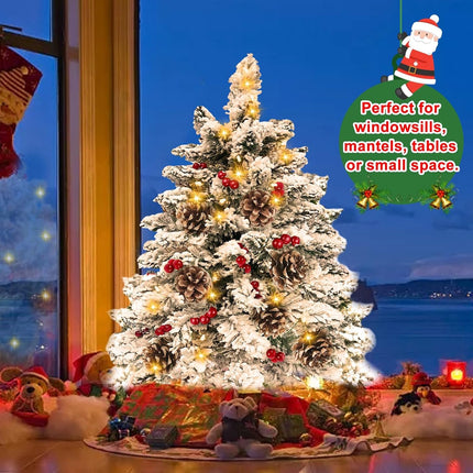 24 Inch Flocked Christmas Tree with 30 Warm Lights Timer, Mini Tabletop Christmas Tree Battery Operated 42 Red Berry Pinecone Burlap Base Small Christmas Tree Xmas Christmas Decorations Indoor Home