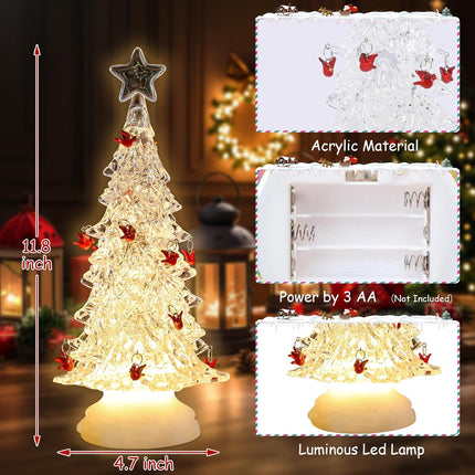 Acrylic Christmas Cardinal Birds Tree Table Decor - Christmas Tree with LED Lighting Ornament Timer, Warm Holiday Party Mantel Decorations s for Family&Cardinal Lovers (White) 12"