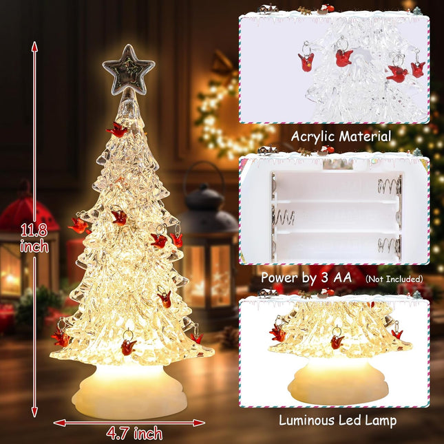 Acrylic Christmas Cardinal Birds Tree Table Decor - Christmas Tree with LED Lighting Ornament Timer, Warm Holiday Party Mantel Decorations s for Family&Cardinal Lovers (White) 12"
