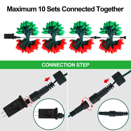 C9 Christmas String Lights - 50 LED 39Ft Outdoor Smooth Bulb Lights with Timing Function, Extendable, 8 Modes Fairy Lighting for Patio Party Dorm Home Wreath Christmas Decorations - Red Green