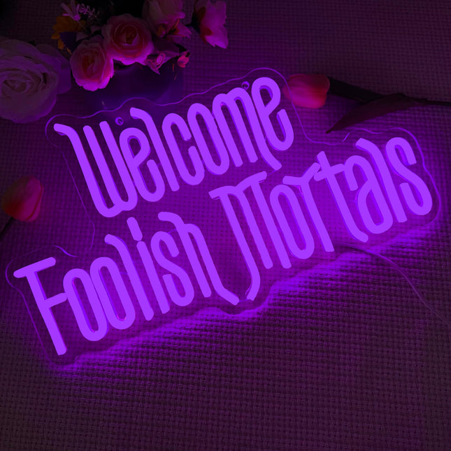 Welcome Foolish Mortals Neon Sign,Dimmable Spooky Gothic Haunted Mansion Decor Coffin LED Neon Signs for Wall Decor,USB Powered Led Neon Light for Party Haunted House Man Cave Birthday Christmas s(16.19.4in) (Purple)