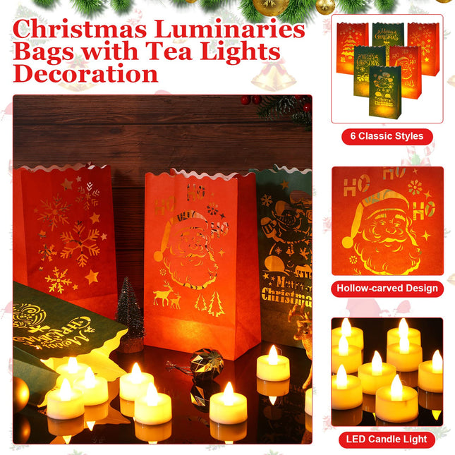 Nezyo 30 Sets Christmas Luminaries Bags with Flameless LED Tea Lights Luminaries Bags with LED Lights 6 Designs Luminary Candle Bags Luminary Lantern Bags for Home Party Outdoor Decoration