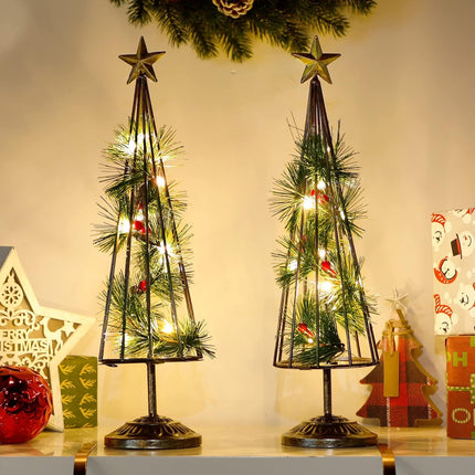 Glintoper Christmas Table Decorations, 2 Pack Lighted Xmas Tree with Golden Star, Battery Operated with LED Lights, Light Up Tabletop Xmas Tree for Holiday Party Desk Home Mantel Display Ornament