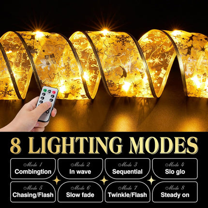 Christmas Decorations, 2.5Inch x 66Ft 200 Led Christmas Tree Ribbon Lights with 8 Lighting Modes, Battery Operated & USB Powered Fairy String Lights with Timer for Party Xmas Tree Decor