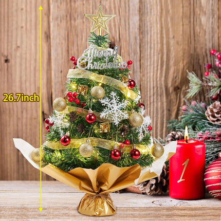 26.7'' Artificial Mini Christmas Tree, Tabletop Xmas Tree, Small Christmas Tree with Light, Star Treetop Pine Cones Boxes and Ball Ornaments for DIY Christmas Decorations