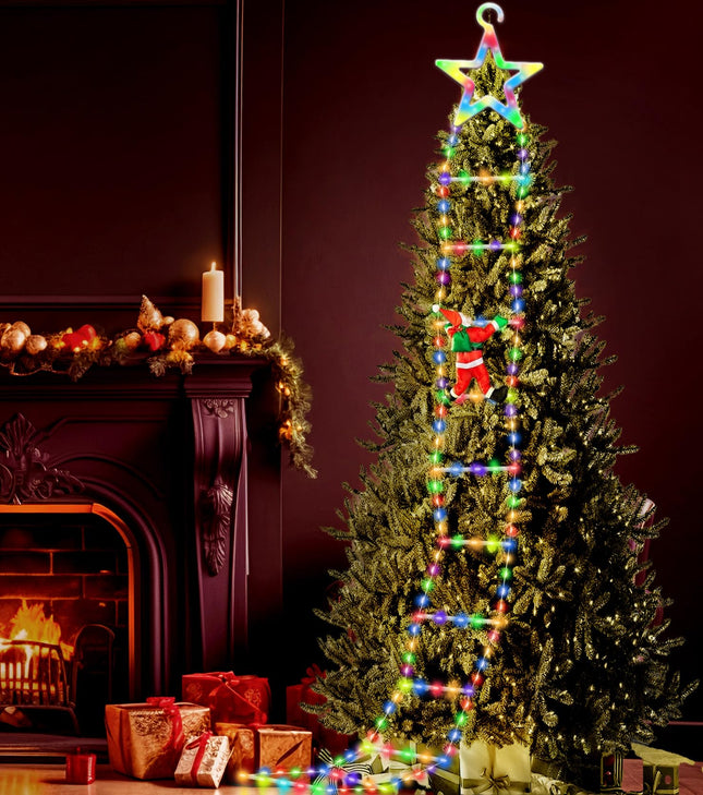 Christmas LED Ladder Lights, 10ft Christmas Decorative Light with Climbing Santa Claus, Christmas Decorations Lights for Indoor Outdoor Garden Xmas Tree Decor (Star-A)
