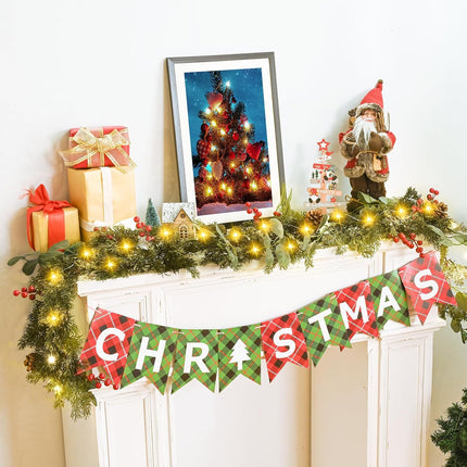 Dolicer 5.7Ft Christmas Garland with 9.8Ft Lights Strings, Eucalyptus, Red Berries, Artificial Pine Cypress Garland Greenery Garland Christmas Decorations for Winter Party Home Fireplace Wall Decor