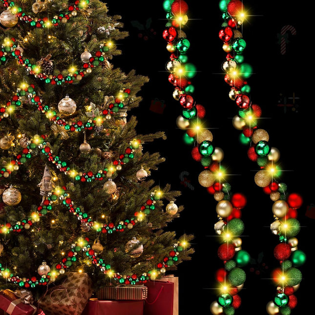 Hiboom 2 Pcs 12 Feet LED Christmas Garland Balls Ornaments Xmas Hanging Bulb Ball Garland with Lights Xmas Tree Balls Decor for Christmas Tree Fireplace Party Holiday Decor (Red, Green, Gold)