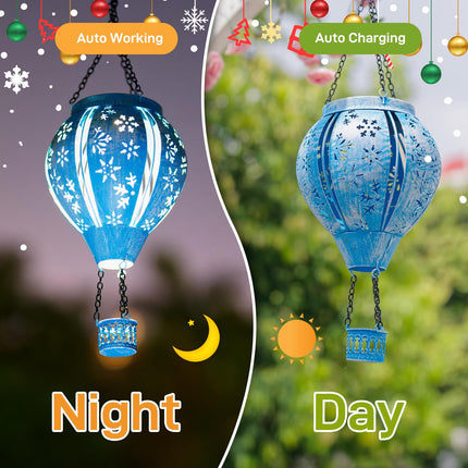 Christmas Hot Air Balloon Solar Lantern, Snowflake Metal Christmas Outdoor Solar Lanterns Waterproof for Yard Patio Porch Garden, Solar Christmas Decorations s for Kids Women Adults