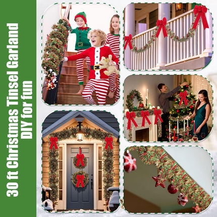 Jutom 30 ft Christmas Tinsel Garland with 12 Pcs 12 Inch Christmas Velvet Bows Hanging Garland for Home and Party Decoration for Christmas Trees, Walls, Hedges, Stair Handrail, Doorways, Windows