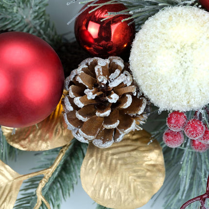 YULETIME 20-inch Christmas Wreath, Battery Operated Holiday Wreath with 20 Fairy Lights, Red & Gold Baubles, Frosty Red Berries, Pine Cones, Golden Leaves, Frosted Spruce Branches & Pine Needles (Red)