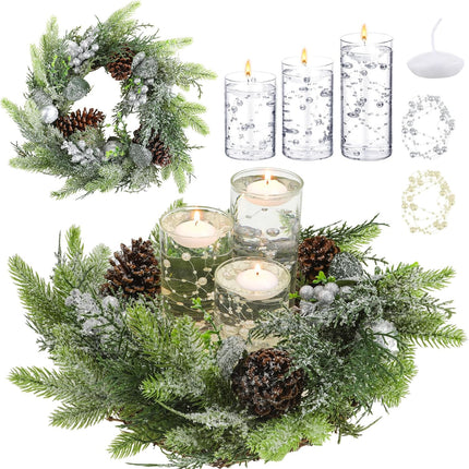 Cindeer 19 Pcs Christmas Artificial Pine Cone Ring Wreath and Candle Set 19 Inch Wreath and Glass Candle Holder with Floating Candle and Artificial Pearl String for Table Centerpiece Front Door Decor