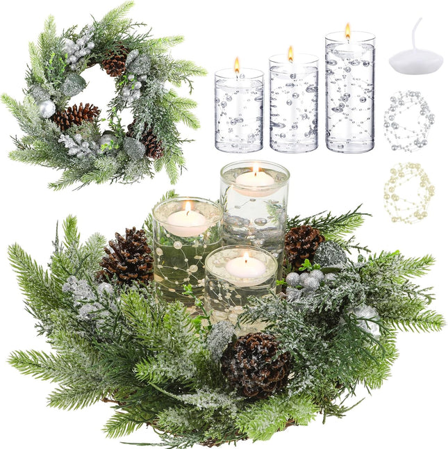 Cindeer 19 Pcs Christmas Artificial Pine Cone Ring Wreath and Candle Set 19 Inch Wreath and Glass Candle Holder with Floating Candle and Artificial Pearl String for Table Centerpiece Front Door Decor