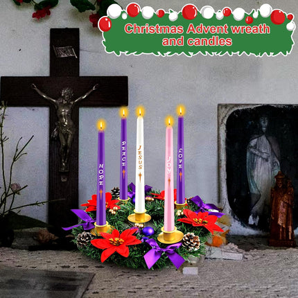 12in Christmas Advent Wreath 5 Candle Holder with Candles, Metal Cups for Taper Candles Advent Wreath and Candles Set Safety Fire Retardant Centerpiece Decorations for Table Indoor Home Church