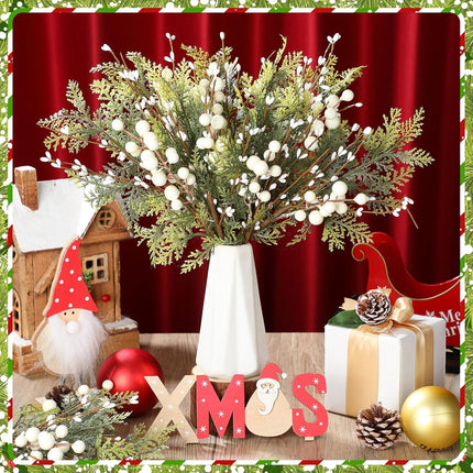 10 Pcs Christmas Floral Picks 13.7 Inch Christmas Berry Picks with Holly Berries Artificial White Berry Stems Pine Sprigs Branches Floral Arrangement for Xmas Tree Wreath DIY Holiday Decor