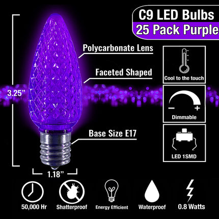 C9 LED Bulb (Pack of 25) LED Purple Replacement Christmas Light Bulbs Faceted Retrofit Candle Shape Commercial Grade E17 Socket Roof Lights Bulbs