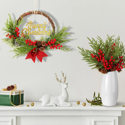 HyDren 20 Pcs Christmas Artificial Norfolk Pine with Cone and Berry, 17 Inches Artificial Greenery Norfolk Pine Stems Long Xmas Faux Pine Stem for Crafts Christmas Tree DIY Garland Holiday Wreath