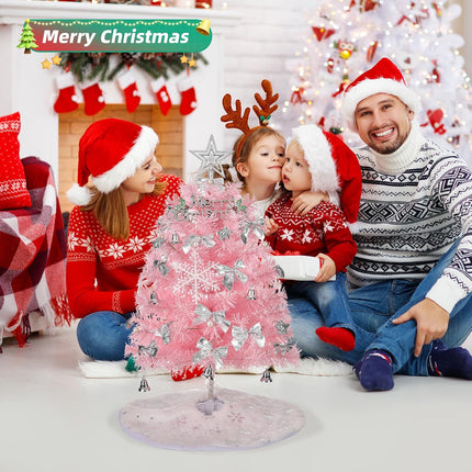 Mini Christmas Tree with Lights, 24inch/2ft Tabletop Artificial Pink Christmas Tree with Tree Skirt Led String Light for Home Office Party Christmas Decoration with Star Pearl Christmas Bells