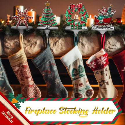 Zhengmy 4 Pcs Christmas Stocking Holders for Mantel Reindeer Snowflake Snowman Pine Xmas Tree Stocking Hangers Metal Stocking Mantel Holders Christmas Decoration for Xmas Fireplace (Wreath)