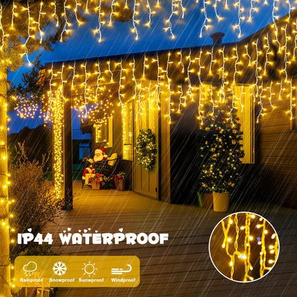 JMEXSUSS 38.8FT Icicle Lights for Outside, 400 LED Icicle Christmas Lights Outdoor Indoor Plug in, Warm White Christmas Icicle Lights with Remote for Wedding House Fireplace Christmas Decorations
