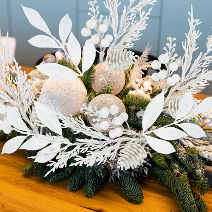 Winlyn 24 Pcs Christmas Artificial Leaf Sprays Pine Needles Pinecone Berries Stems White Glittered Christmas Decoration Picks 12.2"- 14.2" Tall White Christmas Tree Wreaths Wedding Holiday Centerpiece