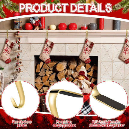 Therwen 18 Pcs Christmas Stocking Holders for Mantel Heavy Duty Fireplace Hanger Hooks Mantel Stocking Hooks Christmas Garland Hanger Metal Mantle Grips for Fireplace Shelf Party Decoration (Gold)