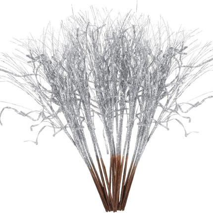 Christmas Glitter Curly Tree Picks Wispy Willow Stem Glittered Twigs Decor Wreath Garland Floral Arrangement Glitter Stems for Xmas Tree Decor(Silver,24 Pcs)