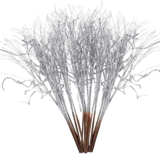 Christmas Glitter Curly Tree Picks Wispy Willow Stem Glittered Twigs Decor Wreath Garland Floral Arrangement Glitter Stems for Xmas Tree Decor(Silver,24 Pcs)