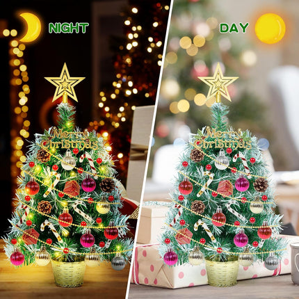 Mini Tabletop Christmas Tree with Lights 20" Small Prelit Artificial Desktop Christmas Tree Snow Flocked Pine Tree wiith Xmas Ball Ornaments