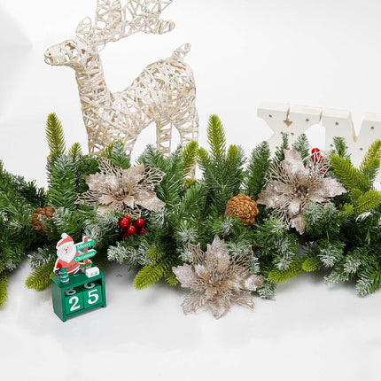 Zhenrui 12 pcs 6” Christmas Poinsettia Flower, Glitter Poinsettia Tree Ornaments, Champagne Artificial Flower Decorating Wreath Garland, Great for Wedding Holiday and Home Decor, with Stems