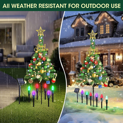Solar Christmas Tree for Outdoor Decorations 2 Pack, 33 Inch Prelit Christmas Tree Yard Stake Lights with 12pcs Strawberry Lights, 60 LED 8 Modes for Pathway Yard Cemetery Decor