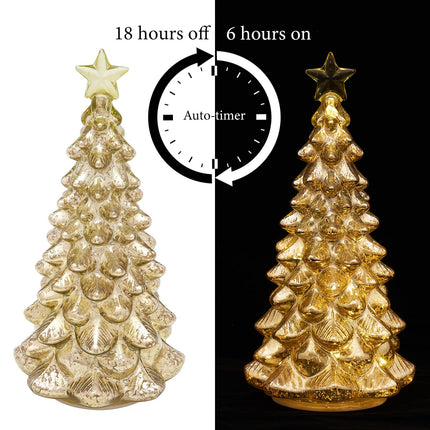 Mercury Glass Christmas Tree 11 Inches Battery Operated Timer Lighted Gold Xmas Star Trees Decorations Table Top Centerpiece Mantel Window Home Decor
