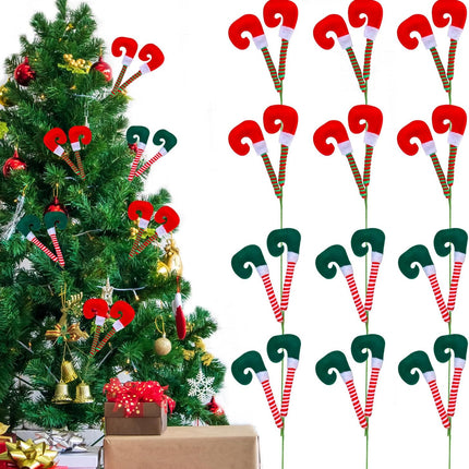 Wettarn 12 Pcs Christmas Elf Legs Picks Elf Feet Tree Ornaments with Fixed Wire Felt Striped Elf Feet Christmas Tree Decoration White Red Green Elf Feet Tree Pick for Party Xmas Holiday Decorations