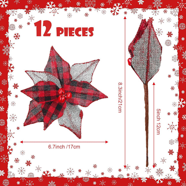 12 Pieces Christmas Buffalo Plaid Poinsettias 6.7 Inches Artificial Christmas Tree Ornaments Checked Xmas Flower with Bells for Rustic Christmas Tree Wreath Garland (Red Black)
