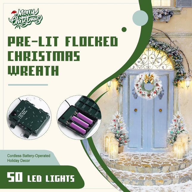 Christmas Wreaths for Front Door,Winter White Flocked Christmas Wreath with 50 LED Lights,Battery Powered Wreath Holiday Decor - Christmas 20 inch Wreath