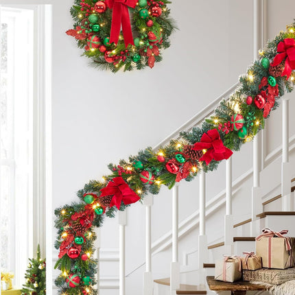 6ft Christmas Garland with Lights, Prelit Outdoor Christmas Garland with 20 LED Lights Red Green Ball Ornaments Pinecones and Ribbon Bow for Indooor Mantle Fireplace Staircase Decorations