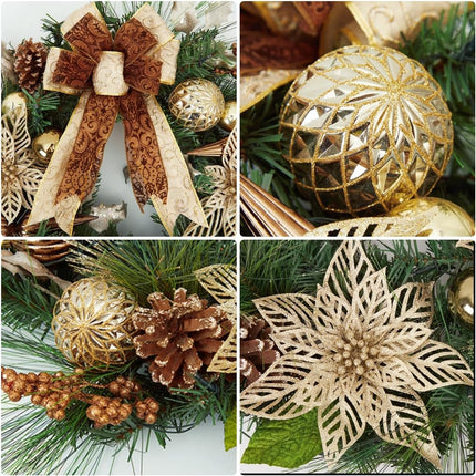 24 Inch Christmas Wreath with Lights, Battery Operated Outdoor Christmas Wreath for Front Door with 20 LED Lights Timer Gold Ball Ornaments Pine Cones and Bow for Home Holiday Decor