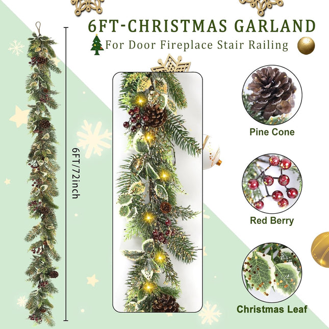 Artgar 6 Ft Christmas Garland, Pre-Lit Christmas Garland - Artificial Garland Christmas Decorations with 30 LED Lights Decorated with Pinecones, Berries for Mantels Dining Tables Porch Decor (Red)