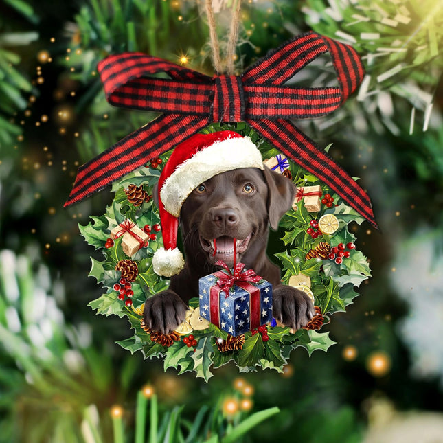 Talataca Chocolate Labrador Retriever Wearing A Hat Wreath Dog Lover 2D Flat Christmas Tree Wood Ornament Decor Wooden Hanging Decoration House Present Xmas Eve Keepsake Decorative