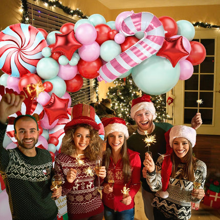Green Pink Christmas Balloon Arch Kit, Green Pink Red Christmas Balloon Garland Arch Kit with Candy Cane Foil balloon for Christmas Party Decorations Year Xmas Party Supplies