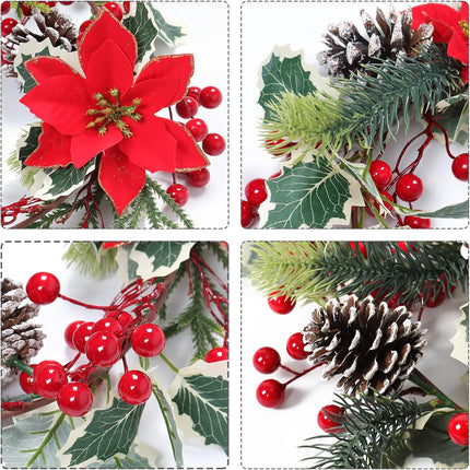 SOMYTING Christmas Garland 6FT Christmas Poinsettia Garland with Red Berries Holly Leaves Artificial Pine Needle Red Berry Garland Artificial Xmas Flower for Indoor Outdoor Christmas Decortions (2PCS)