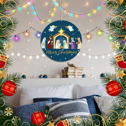 Nativity Scene Wooden Door Decor Merry Christmas Wreath Sign Holy Nativity Wreath Religious Nativity Door Decoration Christmas Farmhouse Wall Hanging Decorations with Rope for Home