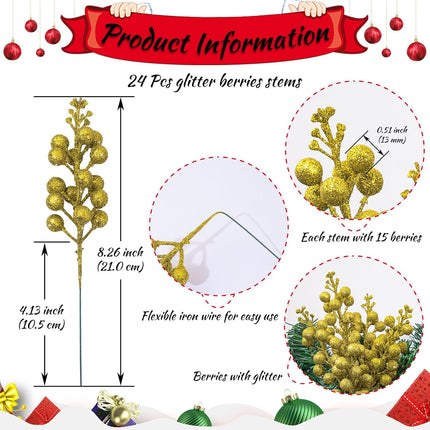 24 Pack Christmas Glitter Berries Stems, 8.26Inch Artificial Christmas Picks for Christmas Tree Ornaments, DIY Xmas Wreath, Crafts, Holiday and Home Decor（Gold）