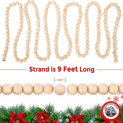 9 Foot Natural Wood Bead Christmas Garland Wooden Christmas Tree Garland Perfect for Rustic Natural Country Farmhouse Trees Garland Christmas Decorations for Indoor Use